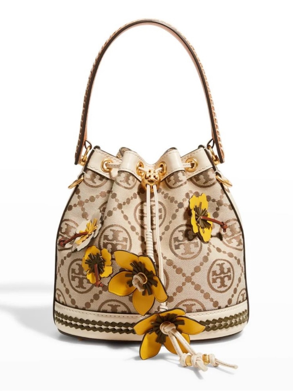 Tory Burch T Monogram Braided Floral Mini Bucket Bag